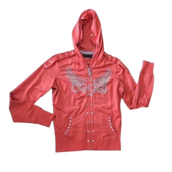 Coogi Y2K Angel Wings metallic studded red Knit hooded zip front jacket Sz M - Picture 1 of 12